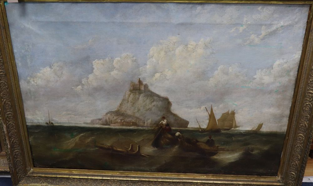 After Copley Fielding, oil on canvas, Fishing boats before St Michaels Mount, 75 x 113cm